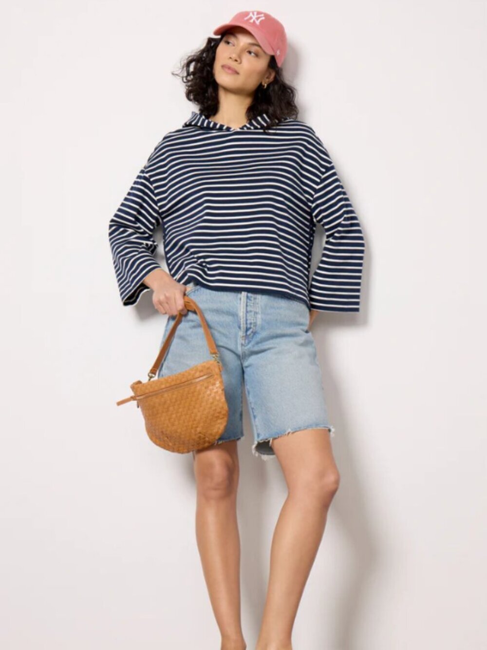 Evereve Mia Striped Hoodie Comfy Cotton Blend Relaxed Cropped Flared 3/4 Sleeves
